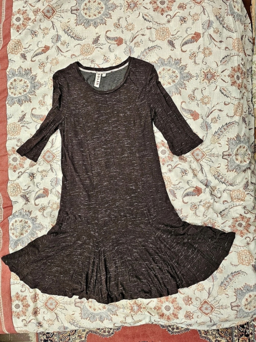 Dolan Anthropologie Dress Large Petite Plum Marled Knit Flounce Hem Made USA